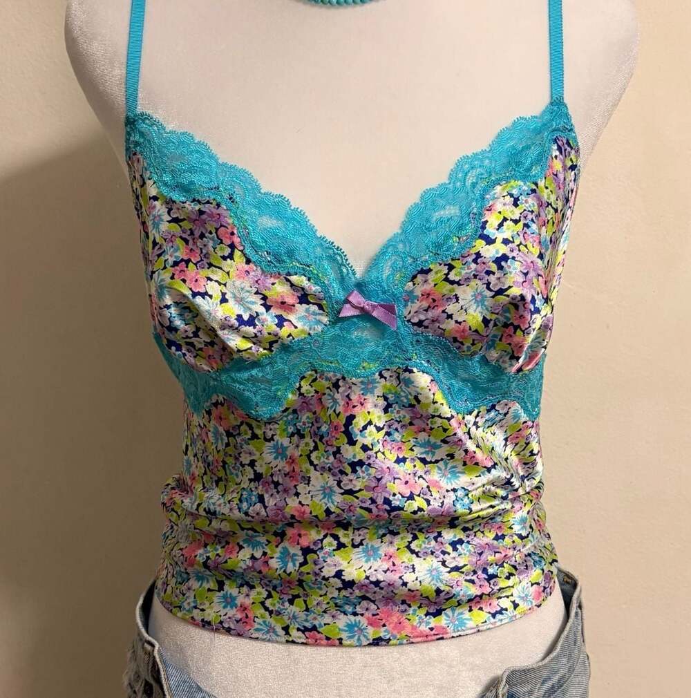 Victoria’s Secret Satin Floral Tank Top Lingerie Y2K Medium Spring Cottage Fairy